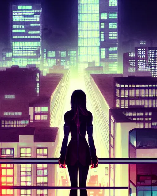 Image similar to a night rooftop scene by Liam Wong, close shot of a photorealistic beautiful half cyborg woman by Artgerm and NeoArtCorE on the rooftop looking at the city below, the half cyborg woman is wearing a long trench coat