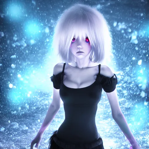 Prompt: photorealistic full body shot of masterpiece angry darkness android anime girl!, beautifull lovely eyes, electric aura with particles, snowing frozen ice, darkness background, inspired by tim burton, detailed, unreal engine 4 k, volumetric light, fog