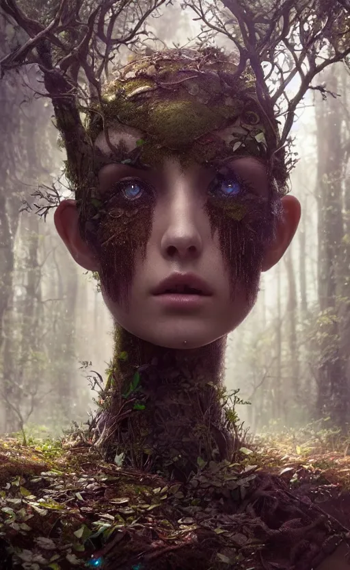 Image similar to a cyborg forest nymph in an ancient forest, ana de armas, flawless symmetrical pretty cute face, greg rutkowski, 8 k, shallow depth of field, intricate detail, concept art,