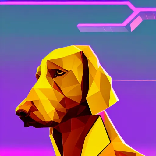 Image similar to high quality photo of dog, digital art, polygonal art, cyberpunk, synthwave