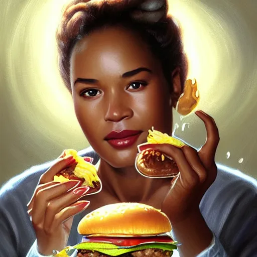 Prompt: portrait of oj simpson eating hamburgers, extra onions and ketchup, luscious patty with sesame seeds, feminine ethereal, handsome, d & d, fantasy, intricate, elegant, highly detailed, digital painting, artstation, concept art, matte, sharp focus, illustration, art by artgerm and greg rutkowski and alphonse mucha
