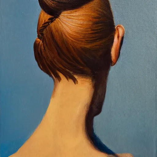 Image similar to a 19 years old girl figure in style of Wojciech Siudmak, half ponytail hairstyle, oriental tattoos, with few ultramarine accents, 80 mm lens, oil on canvas