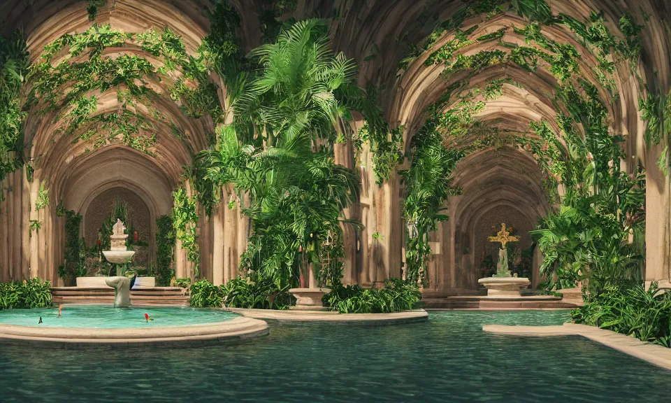 Prompt: cathedral interior with koi pond in the middle surrounded by palm trees, ivy, flowers, tropical plants, roses, and with archways. rendered in octane render with photorealistic lighting