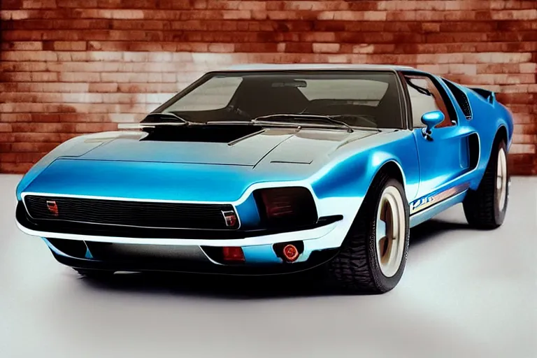 Image similar to designed by john delorean stylized poser of a single 1 9 6 9 fastback mustang!!! mk 2 ford gt 4 0! ( delorean ), large led lights, ektachrome photograph, volumetric lighting, f 8 aperture, cinematic eastman 5 3 8 4 film