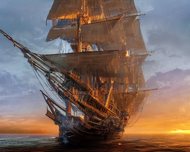 Prompt: highly detailed rendering of the HMS Bounty ship low angle cinematic art station 8k hd mist