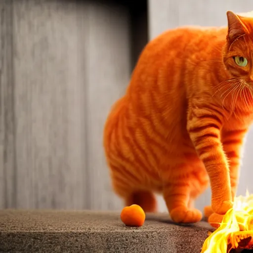 Image similar to an orange cat staring at a drawer ~ on fire ~ fire ~ high - resolution photo ~