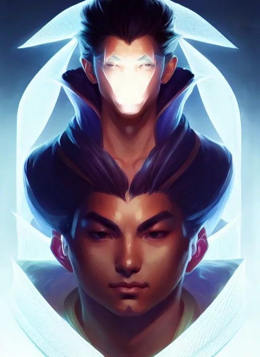 Image similar to symmetry!! portrait of yasuo, league of legends, tech wear, glowing lights!! intricate, elegant, highly detailed, digital painting, artstation, concept art, smooth, sharp focus, illustration, art by artgerm and greg rutkowski and alphonse mucha