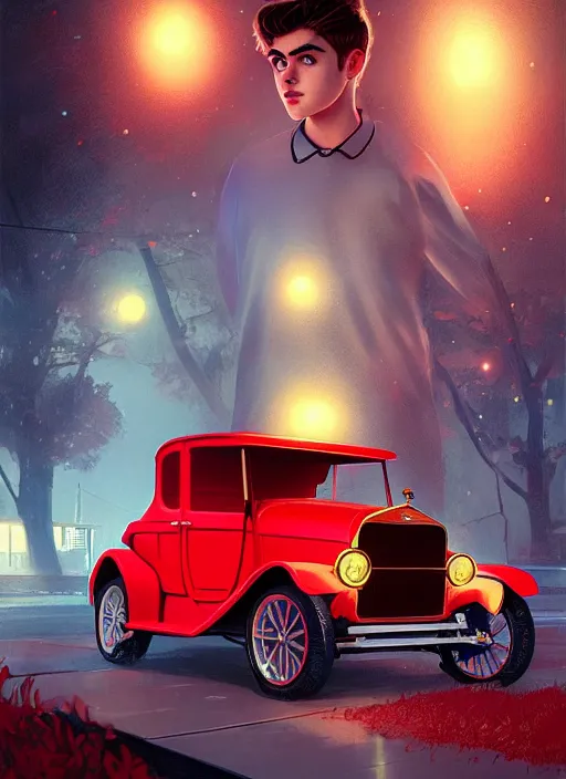 Image similar to teenage archie andrews, in a red ford model t, intricate, elegant, glowing lights, highly detailed, digital painting, artstation, sharp focus, illustration, art by wlop, mars ravelo and greg rutkowski