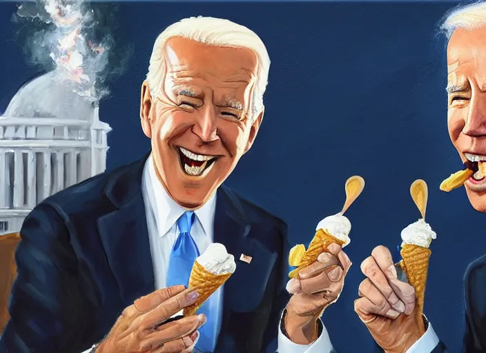 Image similar to oil painting of joe biden eating an ice cream with the whitehouse on fire behind him beautiful artwork by rutowski, realistic, 4 k, masterpiece