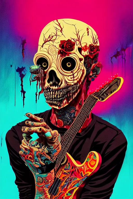 Prompt: zombie punk rocker playing guitar, tristan eaton, victo ngai, artgerm, rhads, ross draws, intricated details, 3 / 4 view, full body portrait, extremely luminous bright design, horror, pastel colours, toxic drips, autumn lights