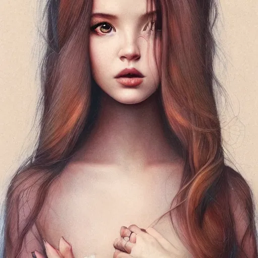 Prompt: tom bagshaw portrait, asian mix of dove cameron madison beer bella poarch in a full dress with long thin lustrous auburn hair, professionally retouched, focus eyes, ultra realistic soft painting, insanely detailed linework, symmetrical accurate intricate features, behance, 8 k