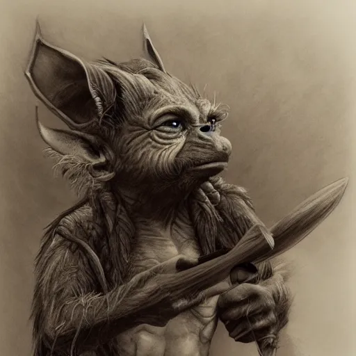 Image similar to hyper realistic pencil drawing of a goblin, D&D Art, detailed, rim light, diffused, intricate, axe, by anna dittmann