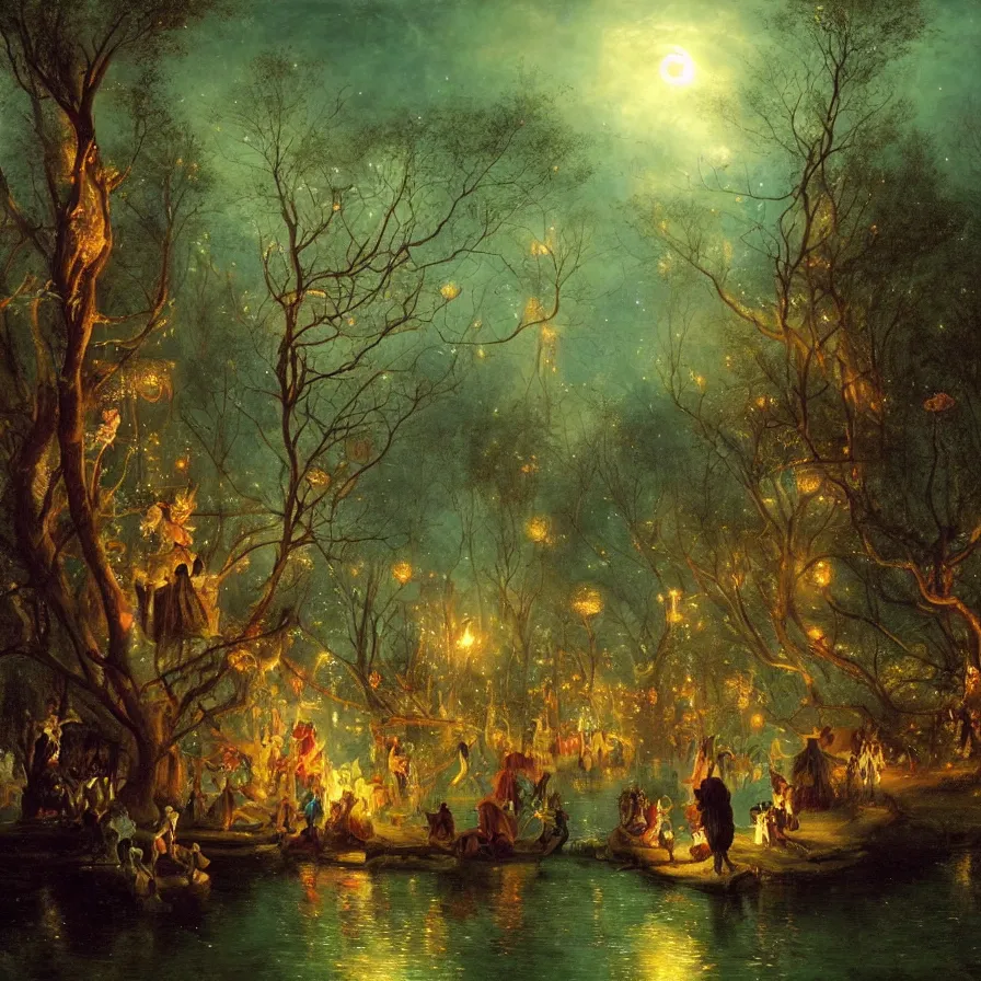 Image similar to a night carnival fairies around a magical tree cavity, with a surreal orange moonlight and fireworks in the background, next to a lake with iridiscent water, christmas lights, volumetric lightning, creatures and fantastic people disguised as fantastic creatures in a magical forest by summer night, masterpieceunderwater scene, masterpiece painted by andreas achenbach, scene by night