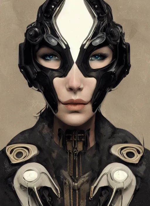 Image similar to a cyborg with mask, black leather garment with art nouveau ivory accessories, cyberpunk, darksynth, luxury, concept art by jama jurabaev, extremely detailed, ominous, ethereal, artstation, andree wallin, edvige faini, balaskas, alphonse mucha