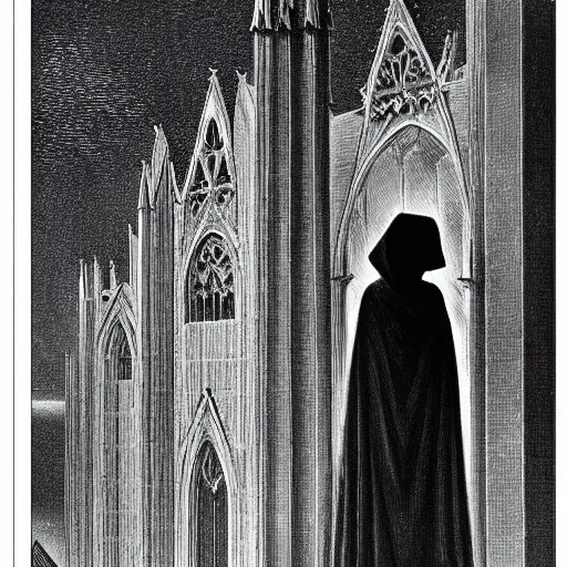 Image similar to A lone hooded figure standing on top of a colossal gothic building. In the sky a full moon and raining blue comets; arstation, book cover