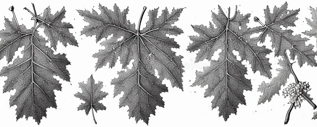 Image similar to a full page schematic diagram illustration of a hybrid between oak leaf and wine leaf, ultra detailed, 4 k, intricate, encyclopedia illustration, fine inking lines