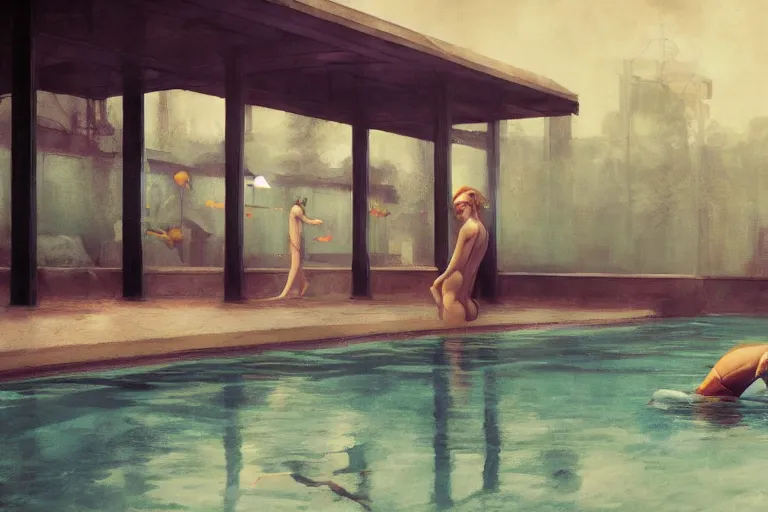 Prompt: blooming at a swimming pool, dark mood, John Singer Sargant, by Bastien Lecouffe-Deharme, James Jean, Edward Hopper, trending on artstation, Peter Doig, 4k, 8k, HD