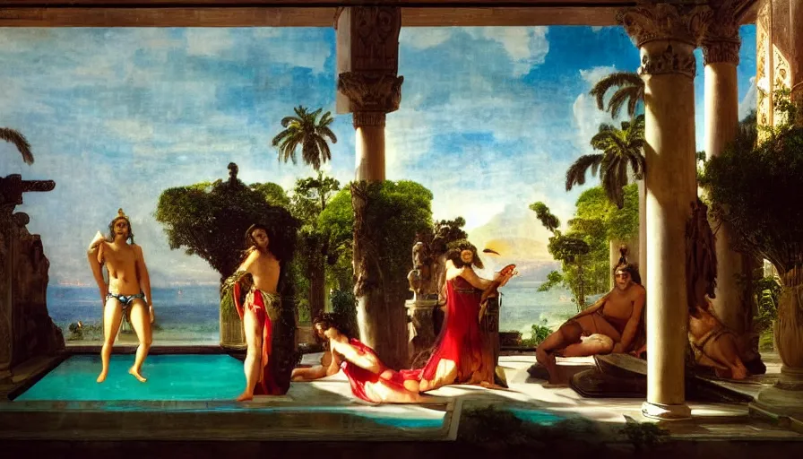 Image similar to From inside the balcony of the giant Palace, mediterranean balustrade and columns, refracted lines and sparkles, thunderstorm, greek pool, beach and Tropical vegetation on the background major arcana sky and occult symbols, by paul delaroche, hyperrealistic 4k uhd, award-winning, very detailed paradise