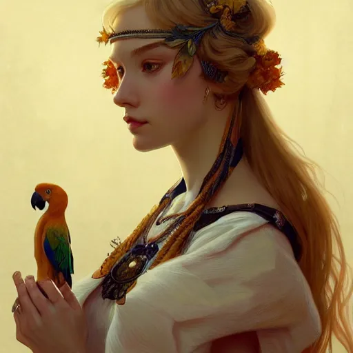 Image similar to portrait of a young blonde e - girl with a parrot, upper body, long hair, intricate, elegant, highly detailed, digital painting, artstation, concept art, matte, sharp focus, illustration, art by artgerm and greg rutkowski and alphonse mucha