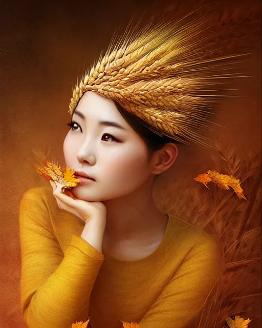 Image similar to goddess of autumn, with wheat ears on her head, chinese beauty, half - length head portrait, dreamy, beautiful, by wlop