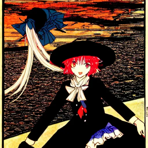 Image similar to kirisame marisa, sunset, artwork by Harry Clarke, touhou, official artwork