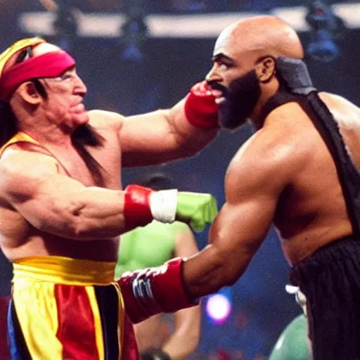 Prompt: wrestlemania dwarf mr t punching hulk hogan