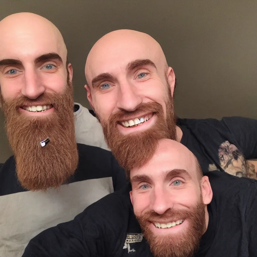 Prompt: Asmongold smiling with a bald head and beard