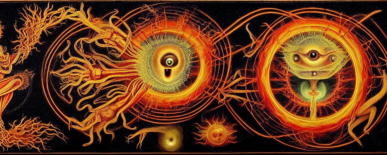 Image similar to a strange fire creature with endearing eyes radiates a unique canto'as above so below'while being ignited by the spirit of haeckel and robert fludd, breakthrough is iminent, glory be to the magic within, in honor of saturn, painted by ronny khalil