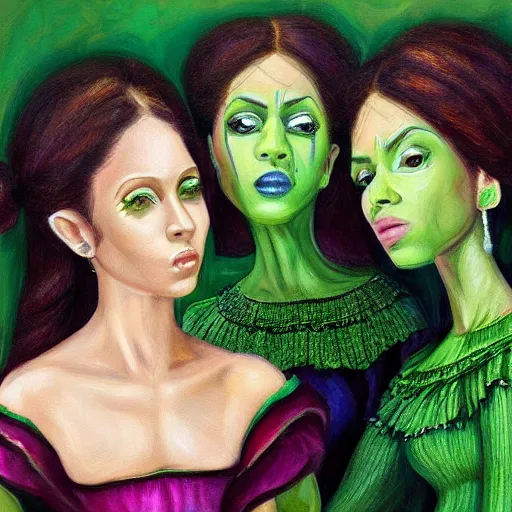 Prompt: a highly detailed painting. Beautiful twin sisters are being looked at by the musician Prince. He is green with jealousy. Trending on Artstation.