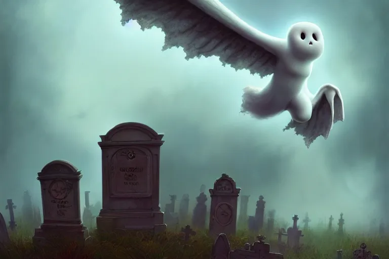 Image similar to casper the friendly ghost flying over a graveyard at midnight, playing with his weird looking ghost friends, cinestill, painted by james jean and gaston bussiere, very detailed and cute and cozy and transparent, backlight, fog, mist, trending on artstation
