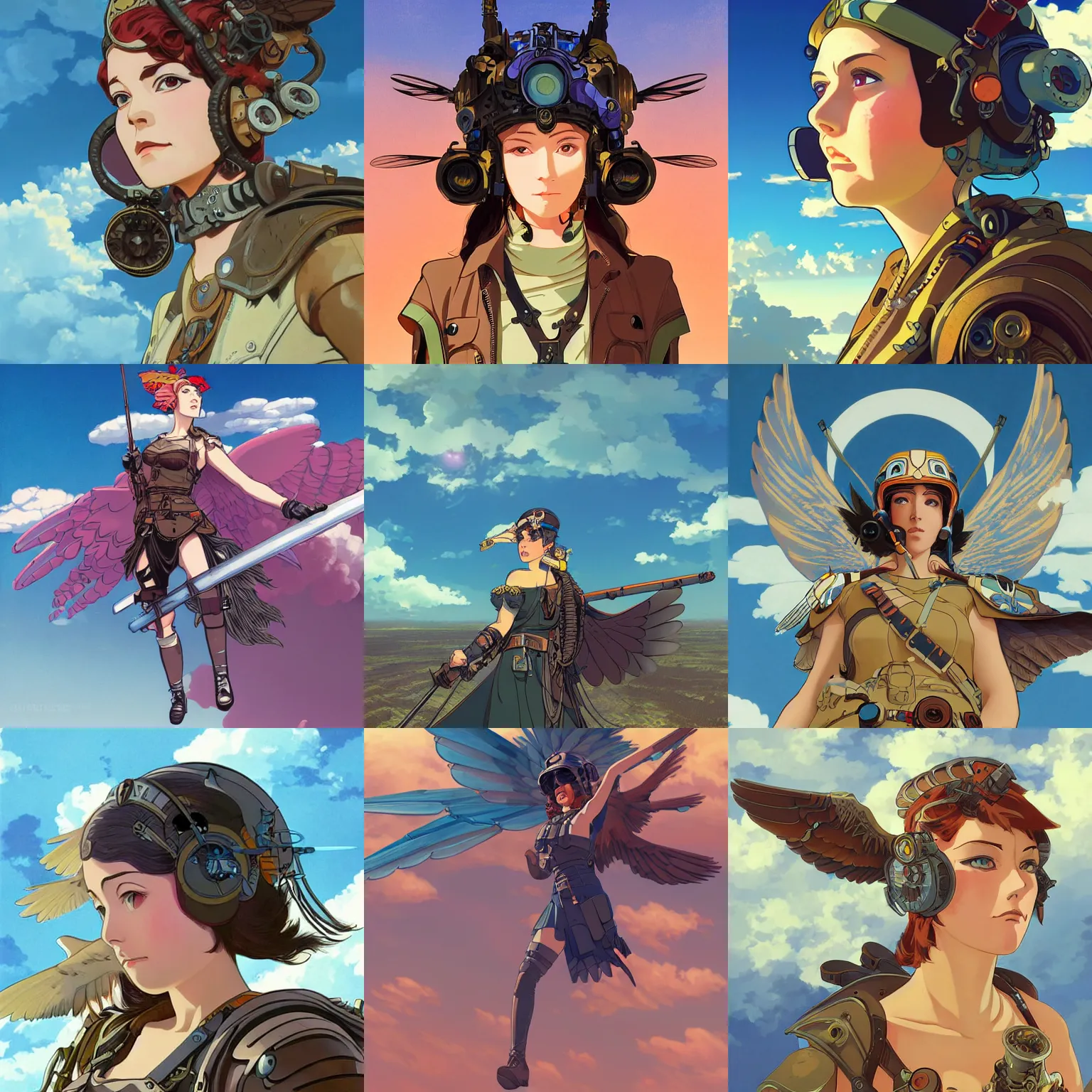 Prompt: portrait of a dieselpunk valkyrie taking flight into a vivid sky, highly detailed, digital painting, studio ghibli key visual, in the style of ilya kuvshinov and alphonse mucha