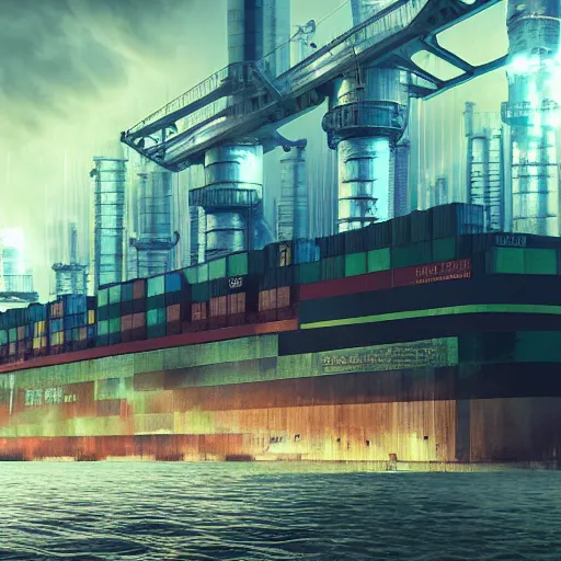 Image similar to photo of Immense industrial futuristic cargo ship arrives at cyber punk city sea port, cinematic lighting, photo