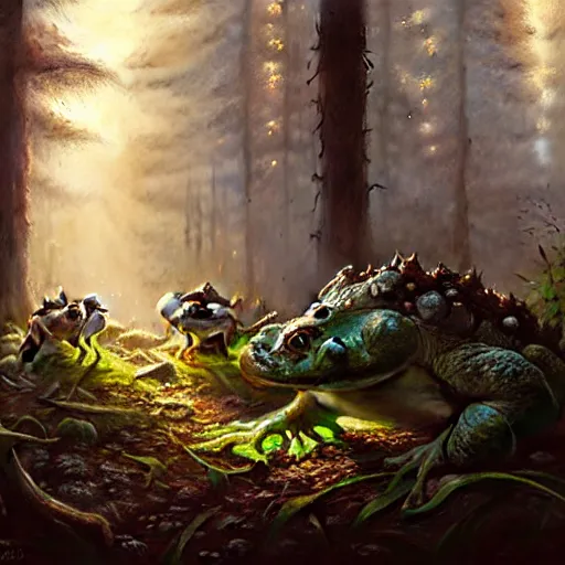 Image similar to evil toads in the forest, highly detailed, realistic, greg rutkowski