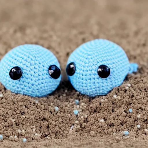 Prompt: two cute tiny fluffy light blue and light pink color spiders with short arms and big black button eyes crochet dolls standing on sand, hyperrealistic photograph, highly detailed, tactile, 4k, close up, macro