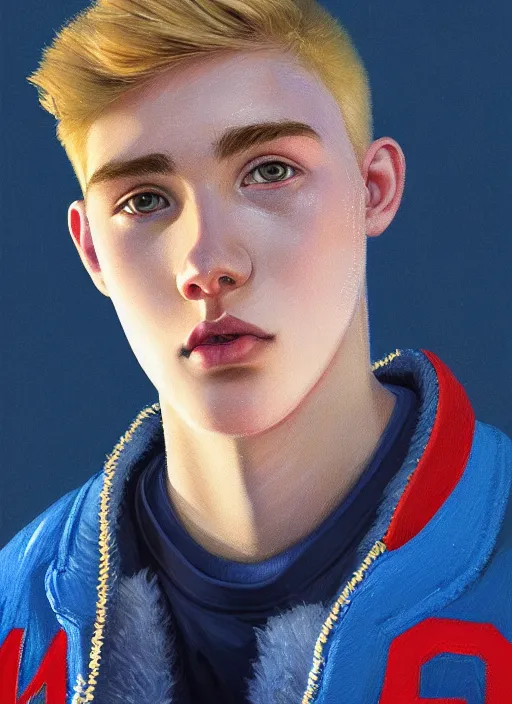 Image similar to portrait of high school senior boy named big moose, blonde short hair, jock, beefy, wide face, square jaw, square facial structure, blue varsity jacket with letter r, intricate, elegant, glowing lights, highly detailed, digital painting, artstation, concept art, sharp focus, illustration, art by wlop, mars ravelo and greg rutkowski