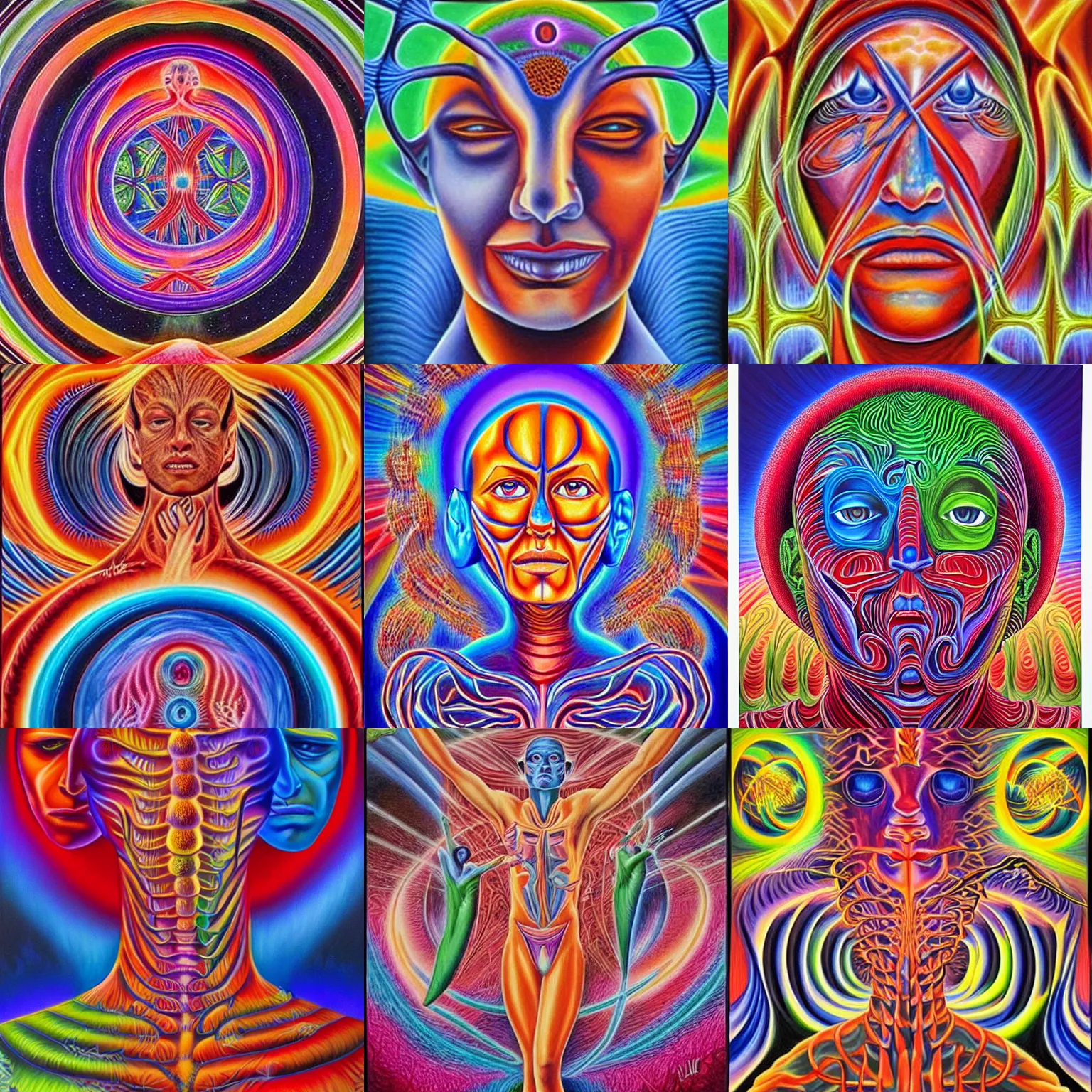 Prompt: painting by alex grey