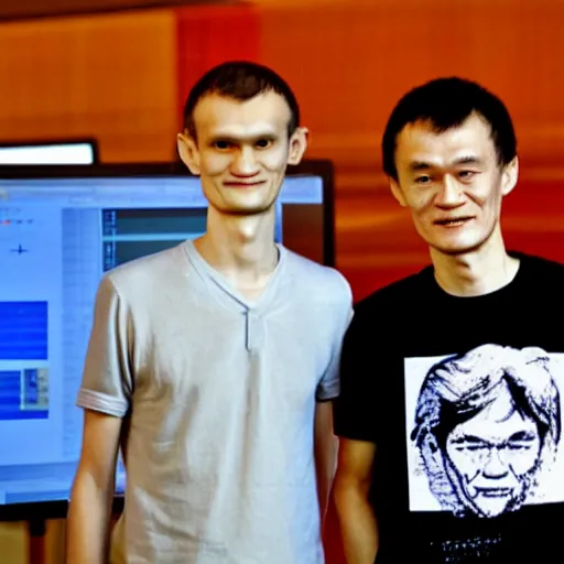 Image similar to picture of vitalik buterin and satoshin nakamoto in front of a computer