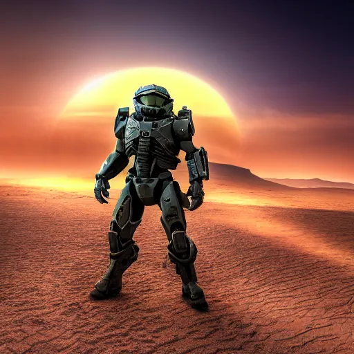 Prompt: ultra realistic on location photograph of master chief on a desert planet. epic image. action pose. explosions. sunrise. canon. carl zeiss