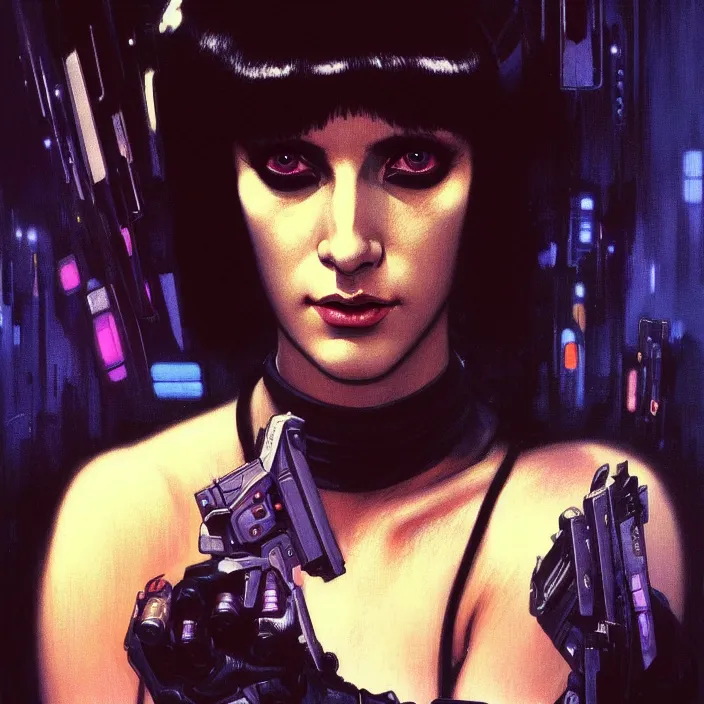 Image similar to excellent painted portrait of a replicant from blade runner (1982), cyberpunk art, character artwork, 8k resolution artwork, trending on artstation, detailed oil painting portrait, art by artgerm and greg rutkowski and alphonse mucha and craig mullins and James Jean and Andrei Riabovitchev and Marc Simonetti and peter mohrbacher