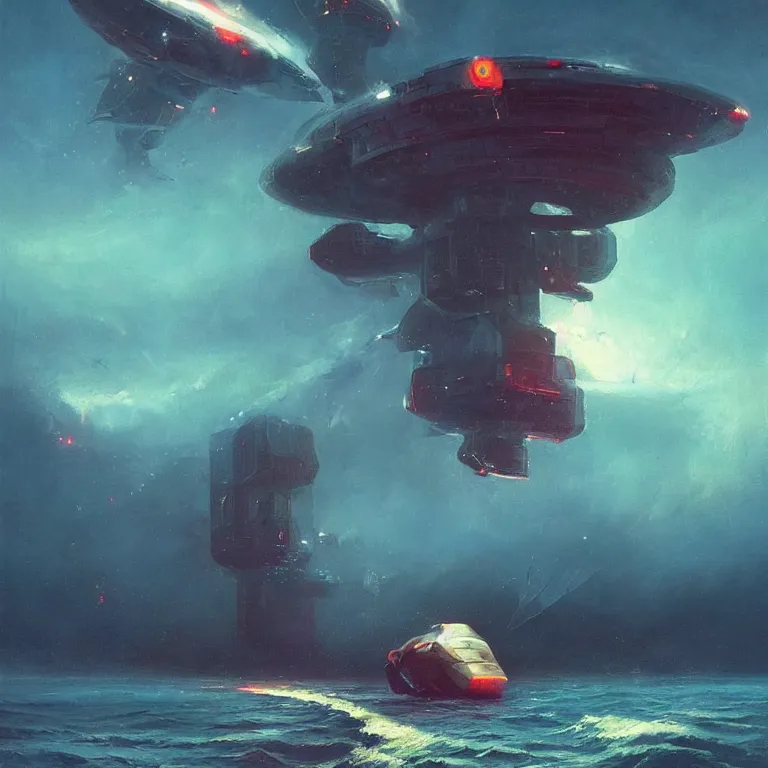 Prompt: behemoth spaceship covered in antenna that is crashing into the ocean, scifi concept art, by john harris, by simon stalenhag, stunning, award winning