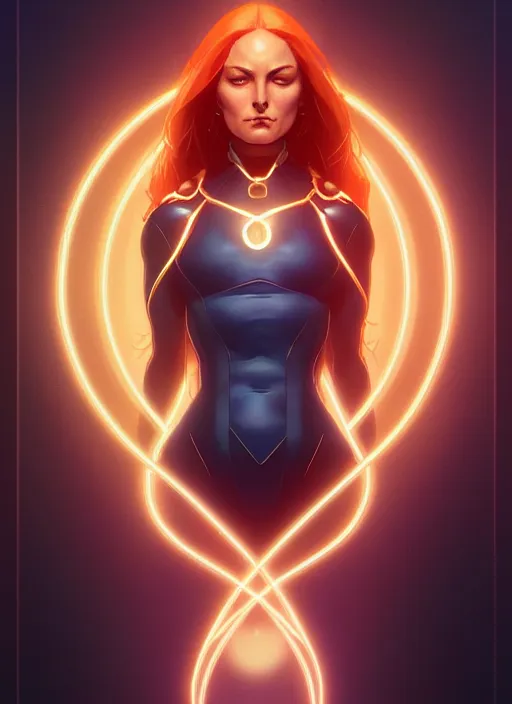 Image similar to symmetry portrait of jean grey from 9 0 s x - men, glowing lights, intricate, elegant, highly detailed, digital painting, artstation, concept art, smooth, sharp focus, illustration, art by artgerm and greg rutkowski and alphonse mucha