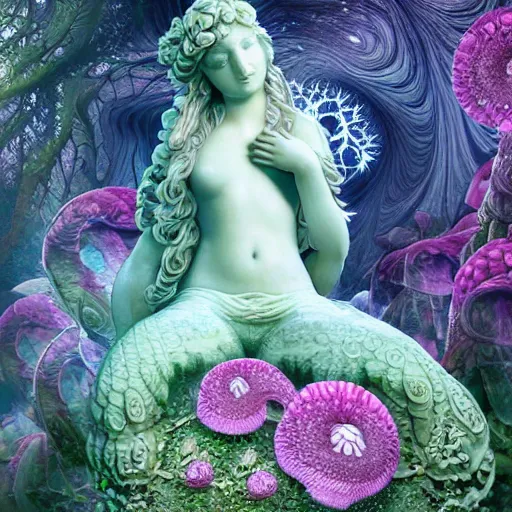 Image similar to an idealistic marble statue with fractal flowery hair in a fractal garden, glowing delicate flower and mushrooms that grow in a dark fatansy forest on the planet pandora,, symmetrical,