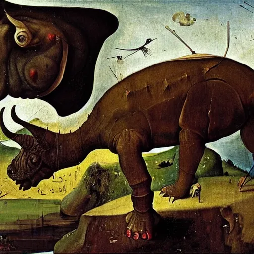 Image similar to Stunning painting of a triceratops by Hieronymus Bosch, high detail