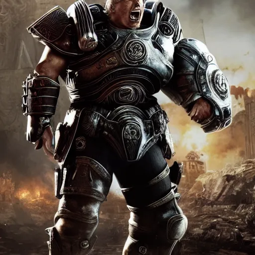 Prompt: Photo portrait of Donald Trump as Crusader Patriot Knight in Gears of War, splash art, movie still, detailed face, photorealistic facial features, cinematic lighting, dramatic, octane render, long lens, shallow depth of field, bokeh, anamorphic lens flare, 8k, hyper detailed, 35mm film grain