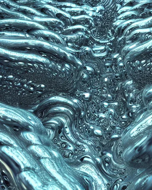 Image similar to huge organic metallic formation with fluid parts floating in the dark void hallucinating on psychedelics, creative VFX, no text, rendered with octane, hyper realistic, hyper detailed, surreal, futuristic, 8k