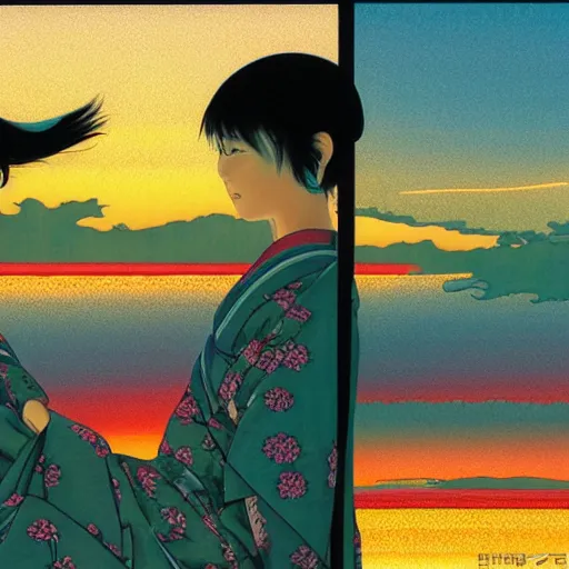 Image similar to colorful illustration of japan sunset, by hajime sorayama and hasui kawase and junji ito