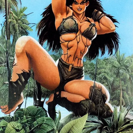 Image similar to Muscular 23-year-old girl wearing barbarian caveman pelt, cavewoman, pelt, battle scars, scars, electrified hair, wild spiky black Saiyan hair, primeval jungle, palm trees, ruined buildings, 1987 pulp art, illustration by Frank Frazetta, hyper-detailed, ultra-detailed