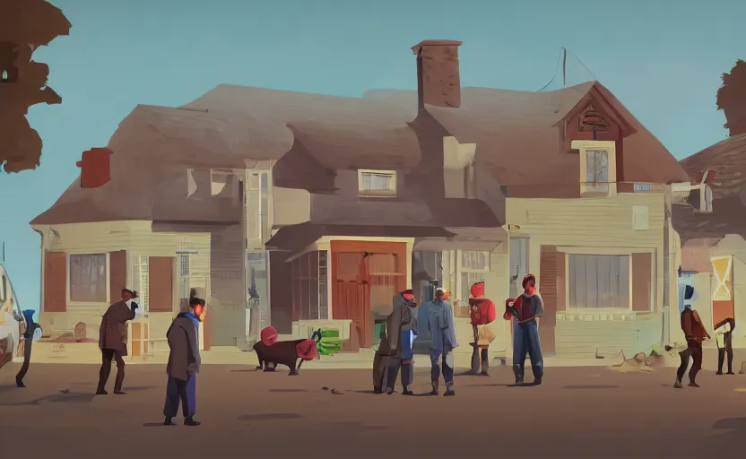 Prompt: a group of village farmers meet a local detective to outside his house, focus on the detective, james gilleard, print, game art
