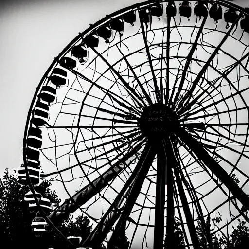 Prompt: an old abandoned rusty ferris wheel, in a town filled with pale yellow mist. Dystopian. Grainy. Award-winning photo. Sigma 40mm f/1.4 DG HSM