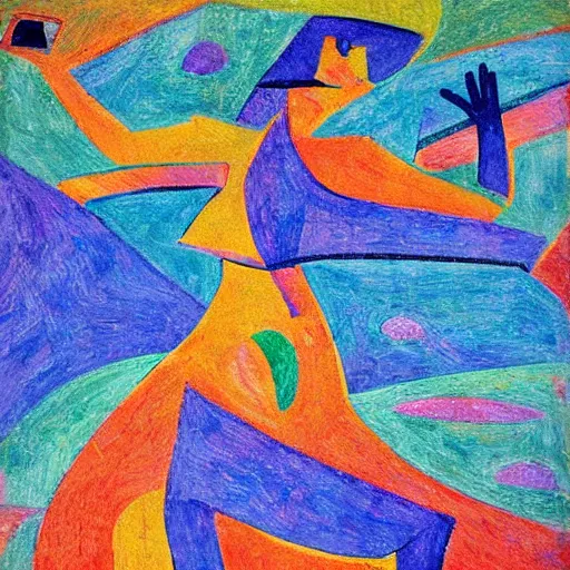 Prompt: woman dances furiously for rain in a drought parched landscape, abstract art in the style of cubism ,